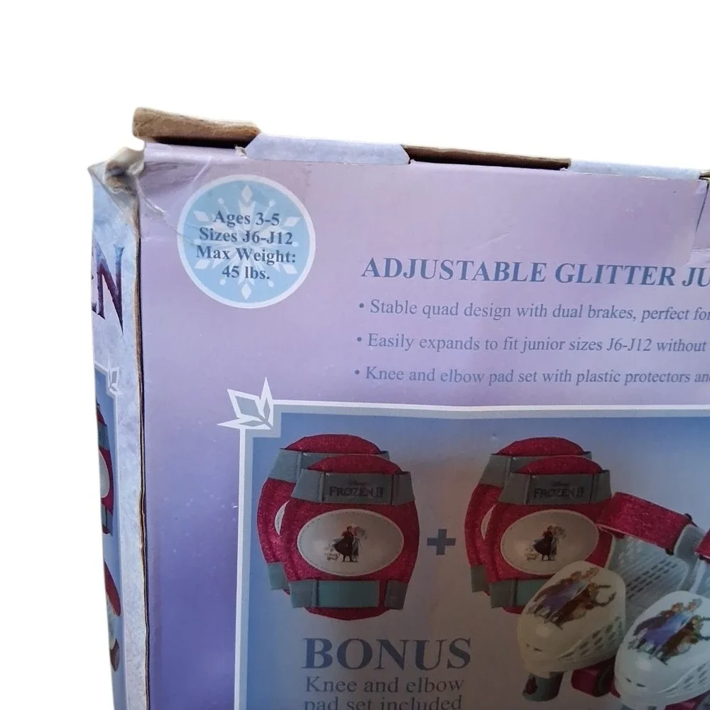 Disney Frozen Junior Roller Skates Bonus Knee Elbow Pads Sz J6-J12  Ages 3+ READ